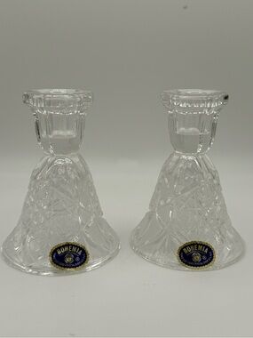 Vintage Bohemia Lead Crystal Clear Cut-Glass Candlestick Holders - Pair